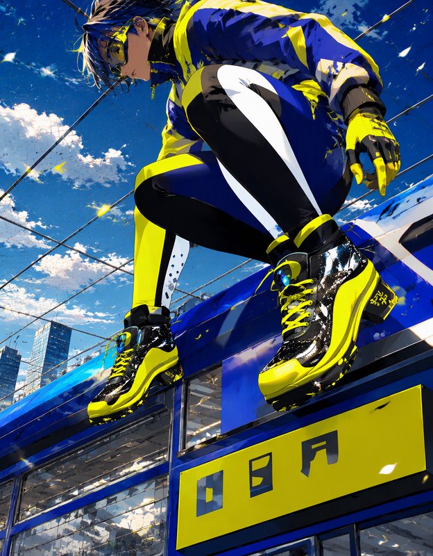 Futuristic anime speedster crouched on top of a high speed city train under a bright blue cloudy sky