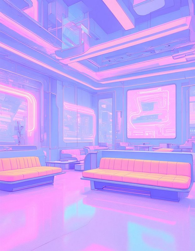 Soft pastel cyberpunk futuristic lounge glowing with pink neon accent lighting