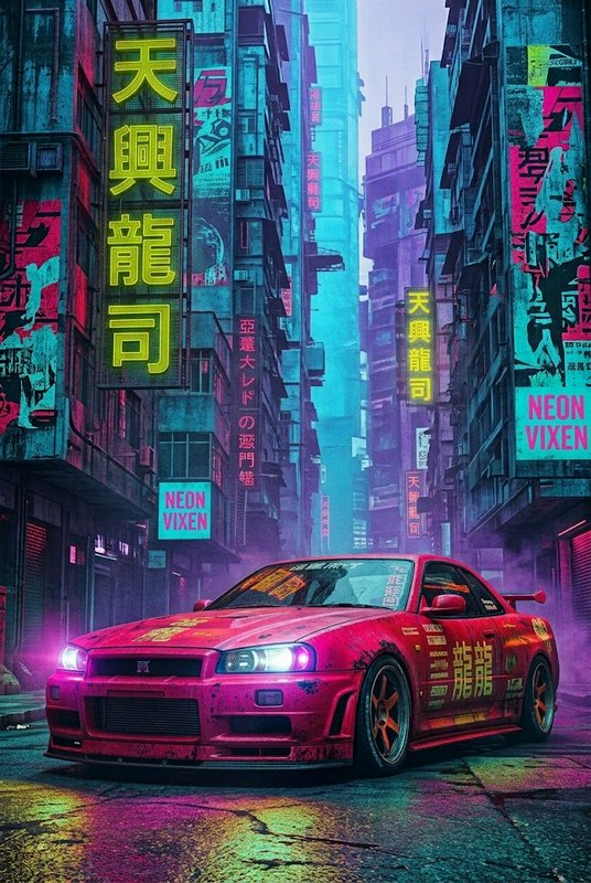 Bright pink Nissan Skyline R34 parked on a neon-lit cyberpunk city street between tall skyscrapers