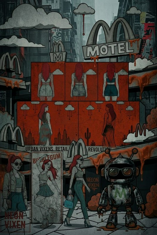 Surreal dystopian street illustration with a grungy robot, red-haired women, and melted fast food motel signage