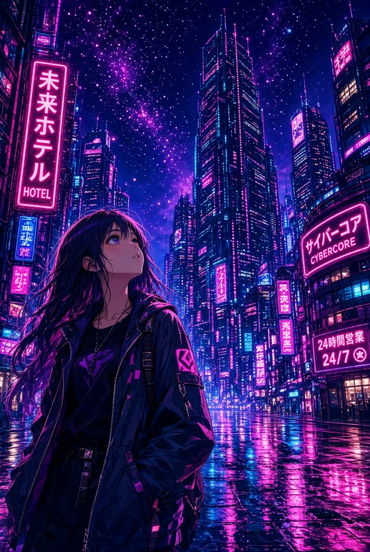Anime girl in techwear looks up from a wet neon-lit cyberpunk city street under a starry night sky