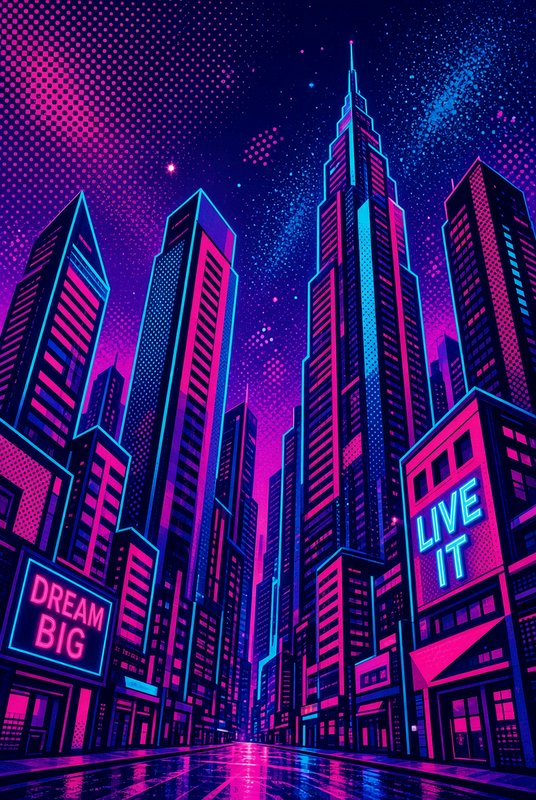 Vibrant neon cyberpunk city skyline with motivational signs under a starry purple night sky