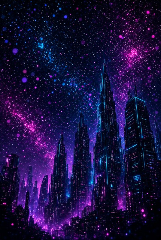 Futuristic cyberpunk skyscraper city under a glittering purple and blue starry cosmic sky