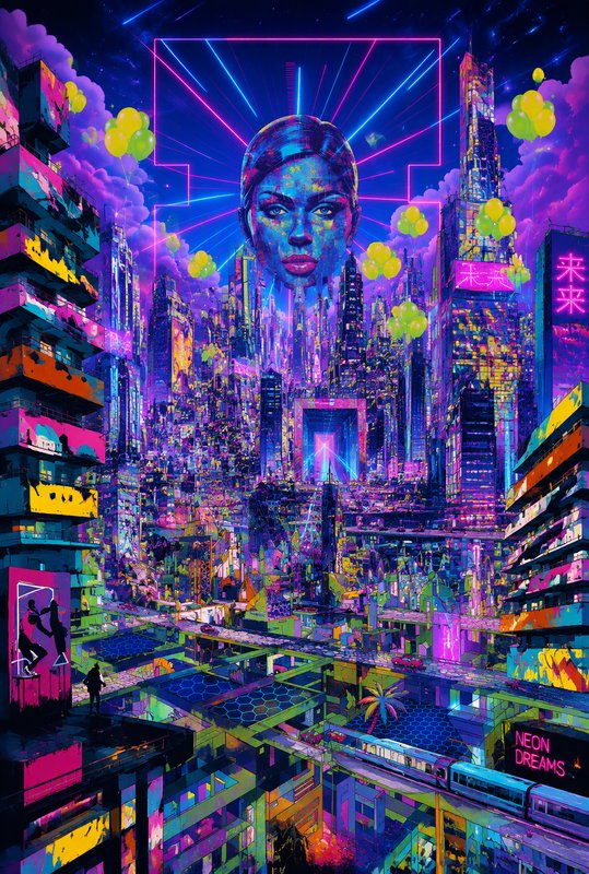 Giant holographic female face looms over a vibrant neon cyberpunk city at night