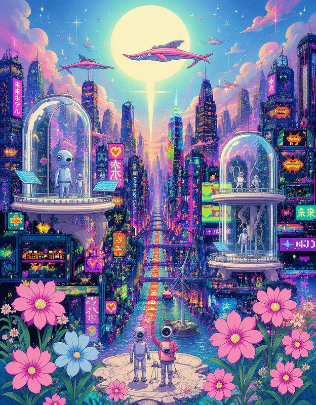 Vibrant retro-futuristic cyberpunk cityscape with robots, flying craft, giant glowing moon and bright foreground flowers