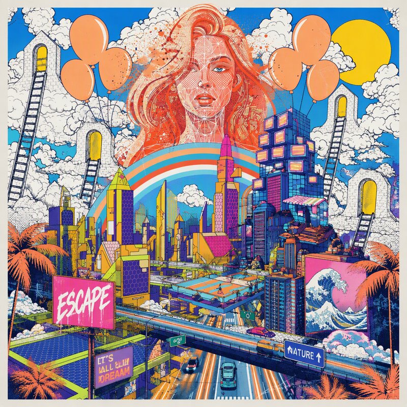 Surreal retro-futuristic cityscape with floating wireframe woman, rainbow, and dream-themed whimsical details
