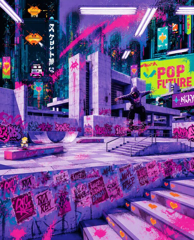 Hooded skateboarder pulls a mid-air trick in a neon cyberpunk graffiti skate park with retro game details