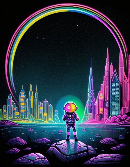 Neon astronaut stands on a rocky outcrop overlooking a glowing cyberpunk city under a circular rainbow night sky