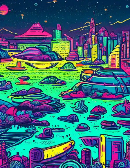 Vibrant psychedelic retro-futuristic cityscape with hover vehicles under a neon starry night sky
