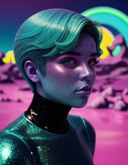 Glittering futuristic humanoid with teal hair stands in a surreal vaporwave alien landscape