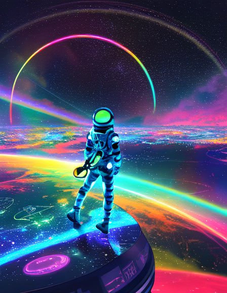 Astronaut standing on a glowing platform overlooking a neon rainbow alien planet in deep space