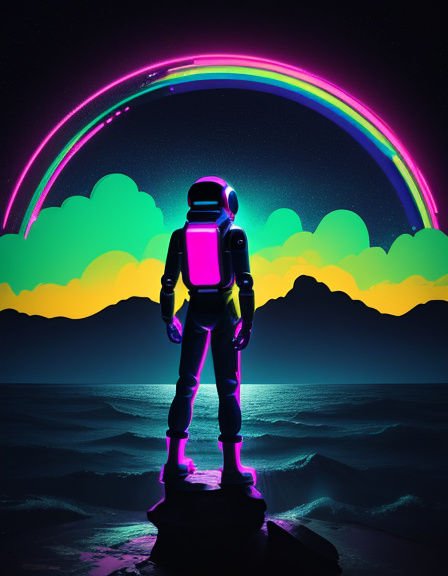 Neon outlined astronaut stands on an ocean rock beneath a glowing neon rainbow arch over stylized colorful clouds