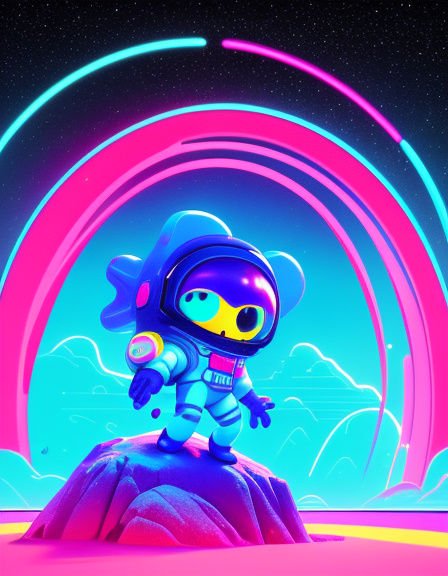 Cute chibi alien astronaut stands on a rocky outcrop beneath glowing neon space arches