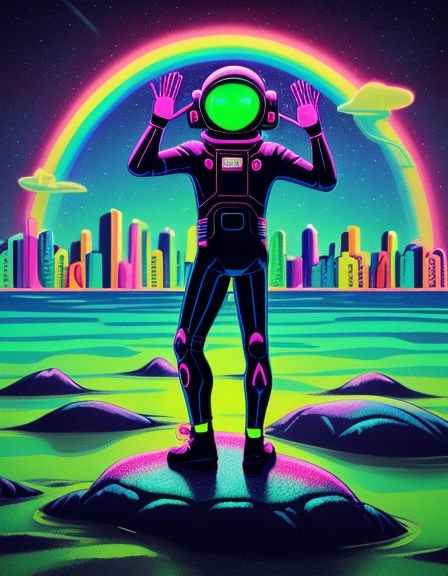 Neon outlined astronaut waves from an alien planet under a glowing rainbow arc above a futuristic city