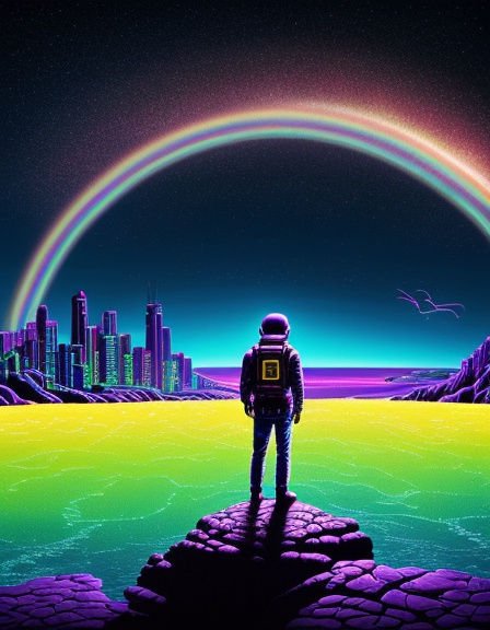 Lone astronaut stands on a rocky outcrop gazing at a neon alien city under a glowing rainbow arc