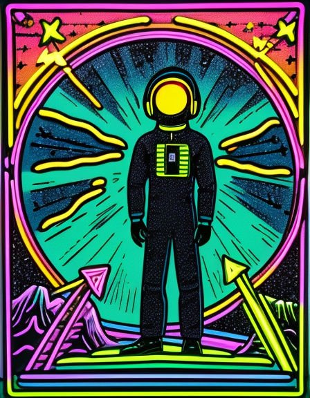 Bold neon tarot-style illustration of an astronaut standing against a glowing starry cosmic background