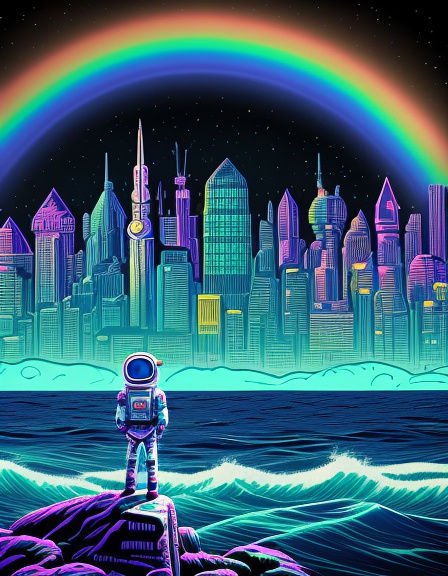 Astronaut standing on a rocky outcrop gazing at a neon futuristic city beneath a glowing rainbow over the ocean
