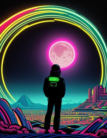 Silhouetted astronaut stands on a neon alien landscape beneath a glowing pink moon and rainbow arc