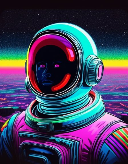 Psychedelic retro-futurist astronaut portrait overlooking a neon alien landscape under a starry sky