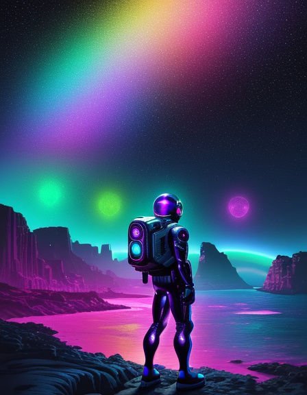 Futuristic astronaut stands on an alien cliff overlooking a glowing neon ocean under a rainbow aurora sky