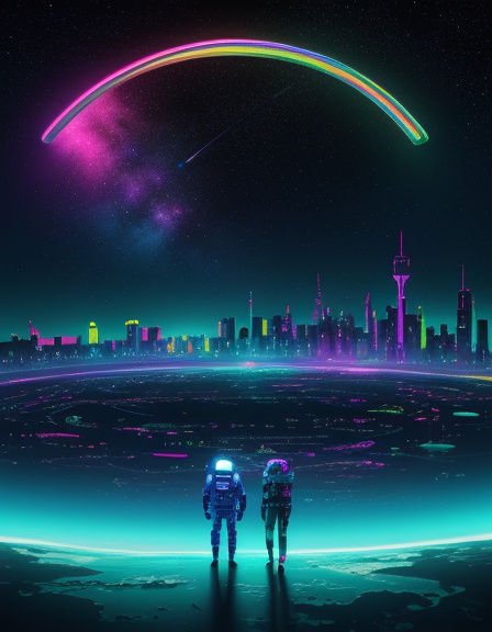 Two astronauts stand overlooking a neon futuristic city beneath a glowing rainbow arc in starry outer space