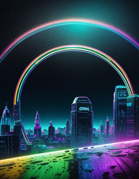 Double glowing neon rainbows arch over a futuristic cyberpunk city under a starry night sky