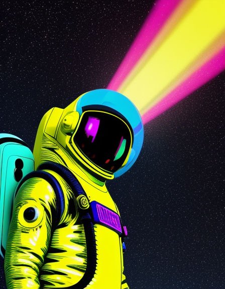 Neon yellow astronaut with blue helmet stands against starry deep space next to a glowing multicolor light beam