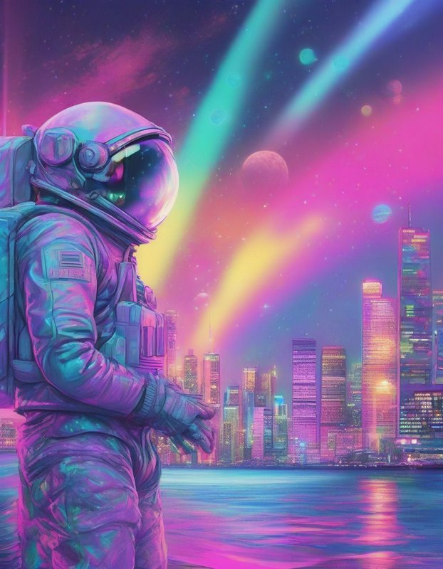 Iridescent astronaut stands gazing at a neon cyberpunk city under a colorful alien starry sky