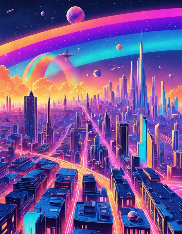 Vibrant retro-futuristic cyberpunk cityscape under a starry alien sky with planets and flying craft