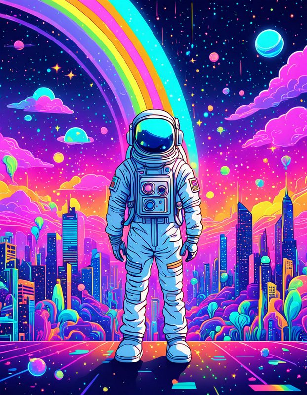 Astronaut standing before a neon futuristic city beneath a glowing rainbow and starry cosmic sky