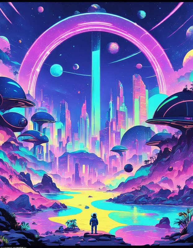 Lone astronaut stands gazing at a vibrant neon futuristic alien city under a glowing cosmic arch
