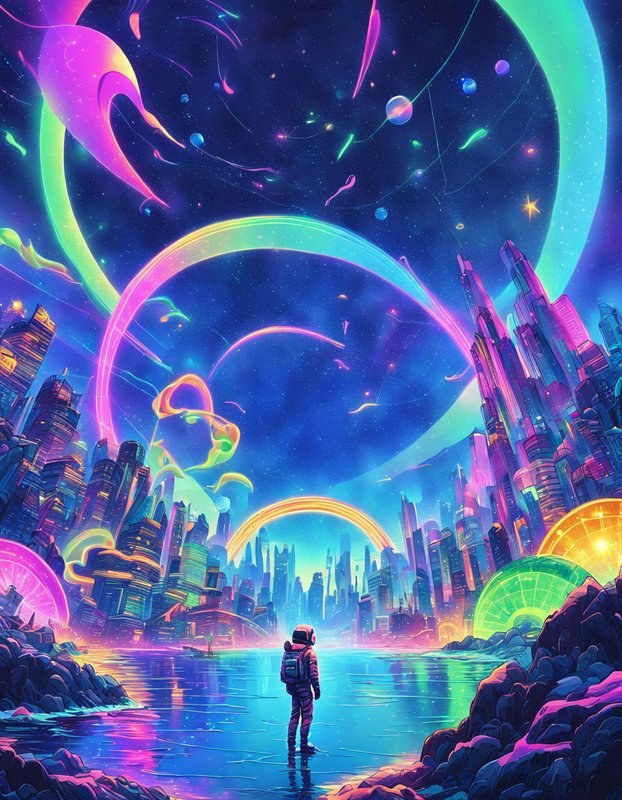 Lone astronaut standing in shallow water gazing at a glowing neon futuristic alien city under a swirling cosmic sky