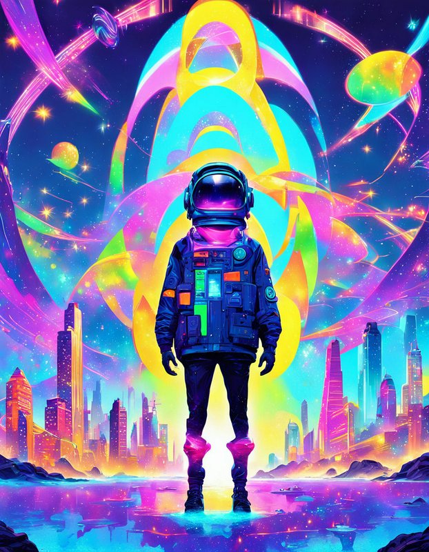 Astronaut standing before a glowing neon futuristic city beneath swirling psychedelic cosmic skies