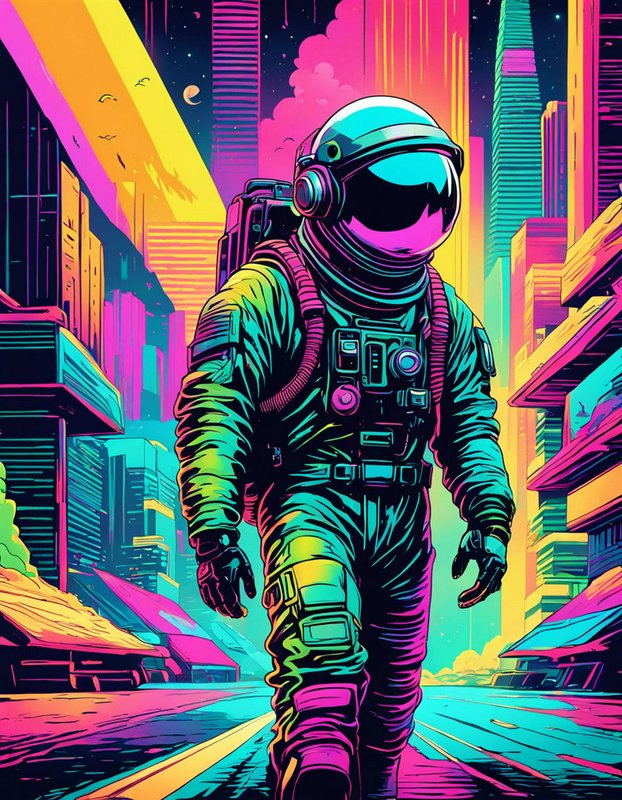 Astronaut walking down a neon-lit futuristic cyberpunk city street under a starry stylized sky