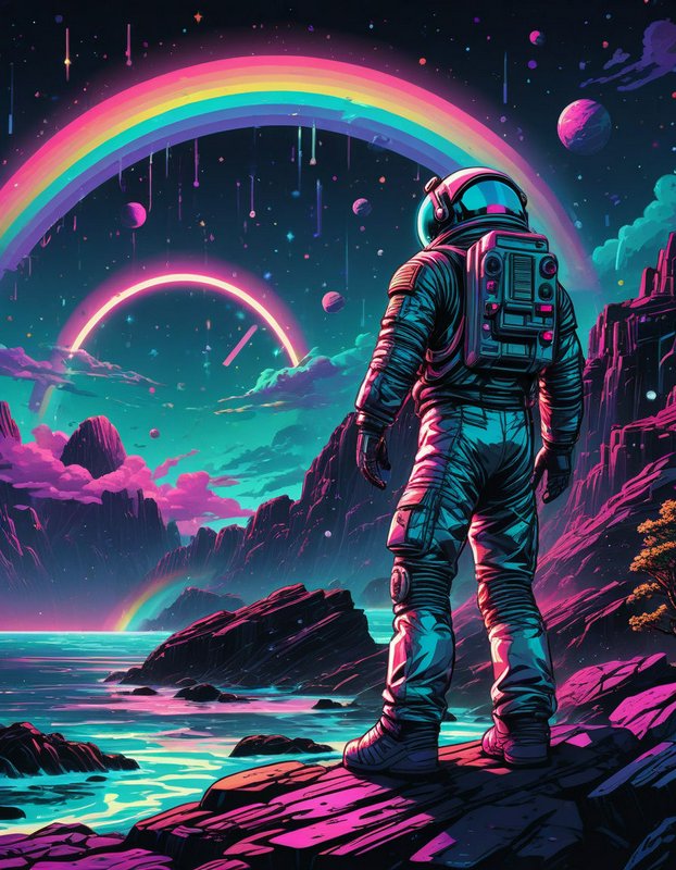 Astronaut stands on an alien rocky shore beneath glowing neon rainbows and a starry cosmic sky