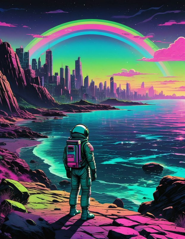 Astronaut stands on a rocky alien shore gazing at a neon futuristic city beneath a glowing rainbow
