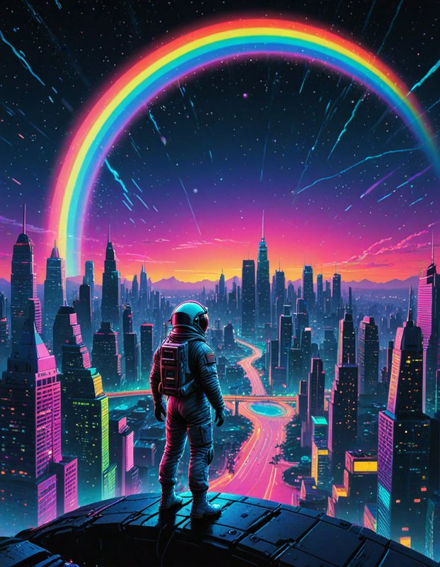 Astronaut stands on a high platform overlooking a neon cyberpunk city beneath a glowing rainbow and starry sky