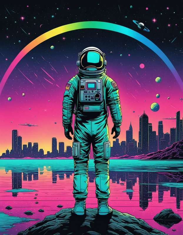 Astronaut in a teal spacesuit stands on a rocky outcrop facing a futuristic neon city under a glowing cosmic rainbow