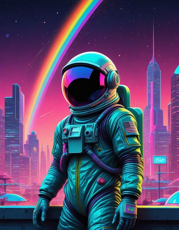 Astronaut in a teal spacesuit stands before a neon cyberpunk skyline with a rainbow arcing across a gradient starry sky