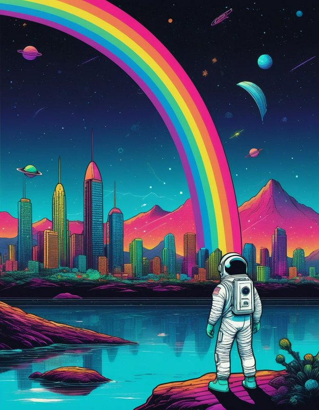 Astronaut standing on an alien shore gazing at a neon futuristic city beneath a vibrant rainbow