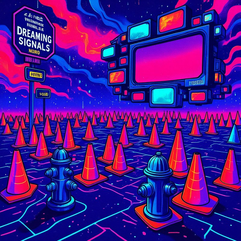 Surreal cyberpunk landscape lined with traffic cones, fire hydrants, floating screens and a Dreaming Signals road sign under