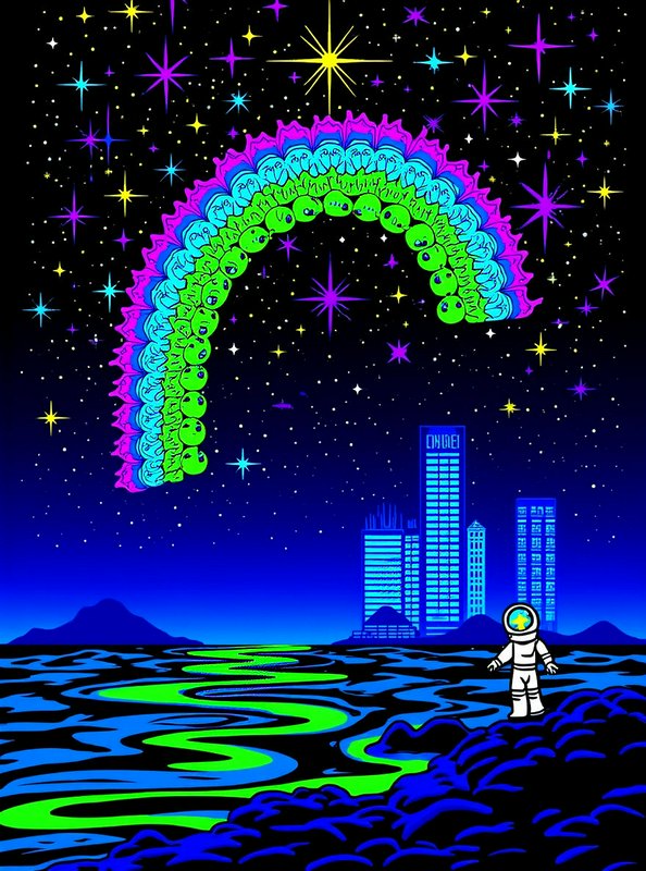 Astronaut stands on an alien shore looking up at a neon caterpillar rainbow arcing across a starry night sky