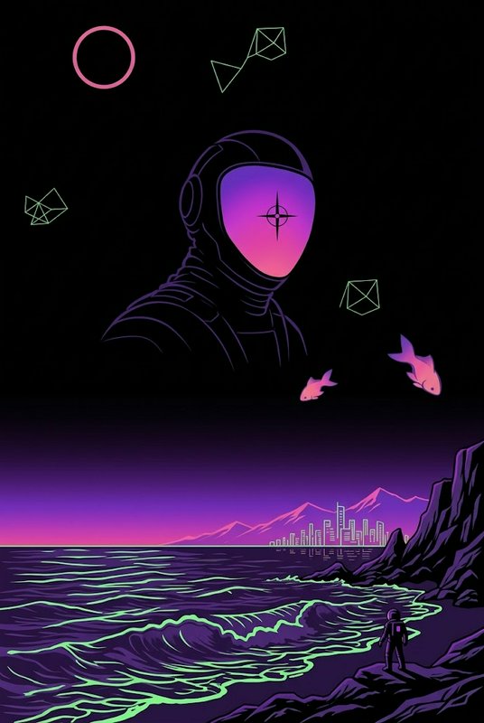 Surreal neon sci-fi illustration of an astronaut standing on a coastal cliff beneath a giant floating space helmet