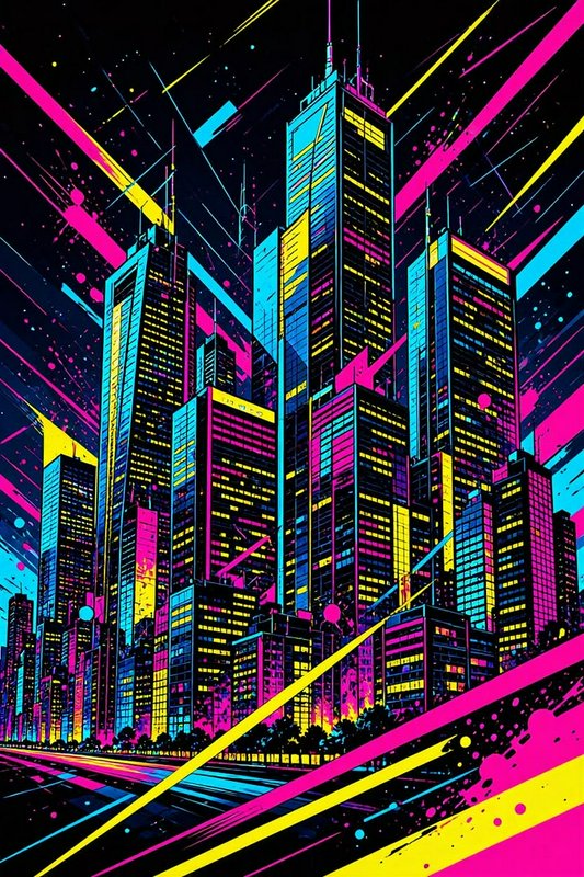 Bold pop art cyberpunk cityscape of glowing neon skyscrapers against a dark stylized night sky
