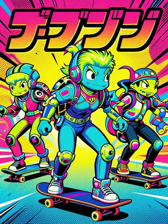 Three vibrant neon cyberpunk turtle skater characters riding skateboards in a dynamic retro anime poster