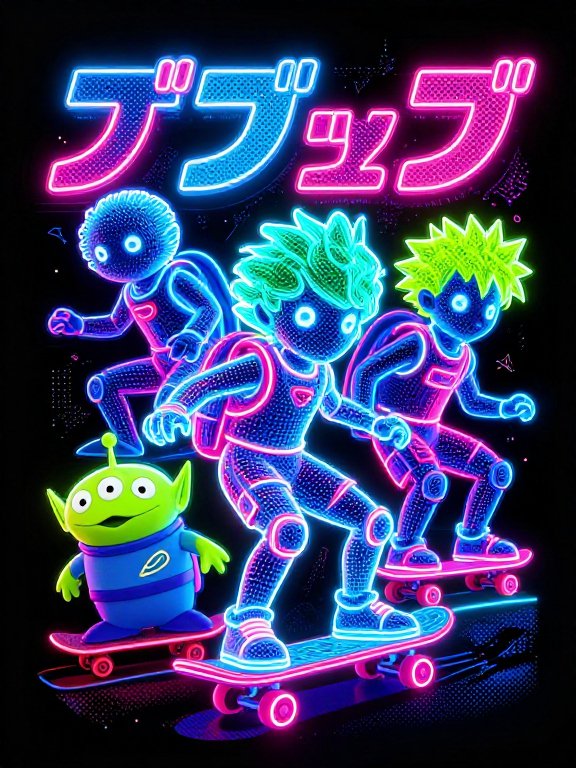 Glowing neon outline anime skaters and a Toy Story little green alien ride skateboards under bright Japanese neon lettering