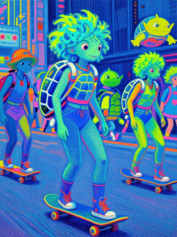 Brightly colored alien kids with turtle shell backpacks skateboard on a neon cyberpunk city street