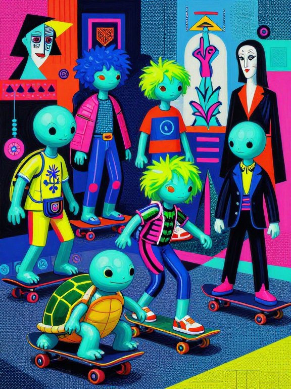 Stylized teal alien characters and a turtle ride skateboards in a vibrant geometric illustrated room