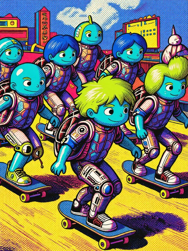 Whimsical blue alien skater crew rides skateboards across a colorful futuristic city plaza