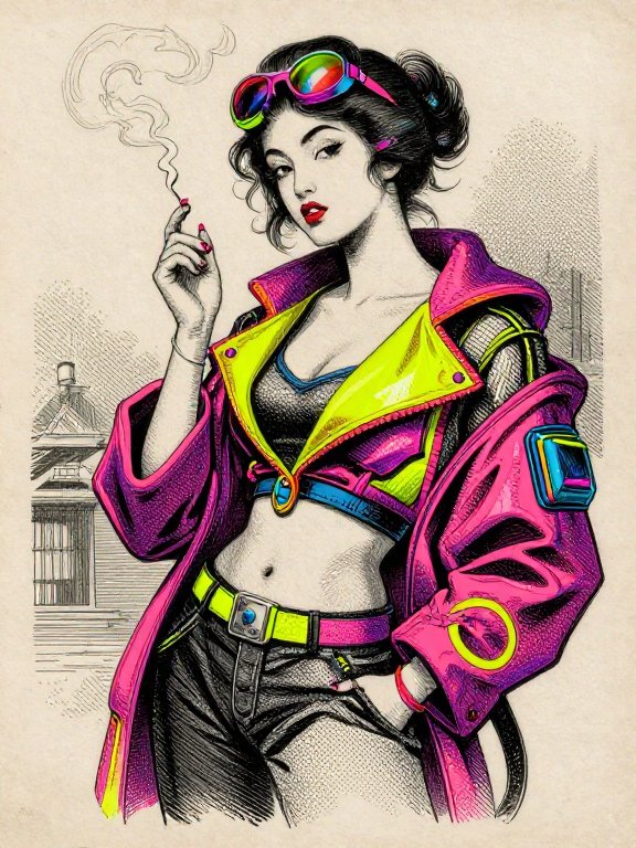 Cyberpunk woman with neon jacket and goggles perched on her head holds a smoking cigarette